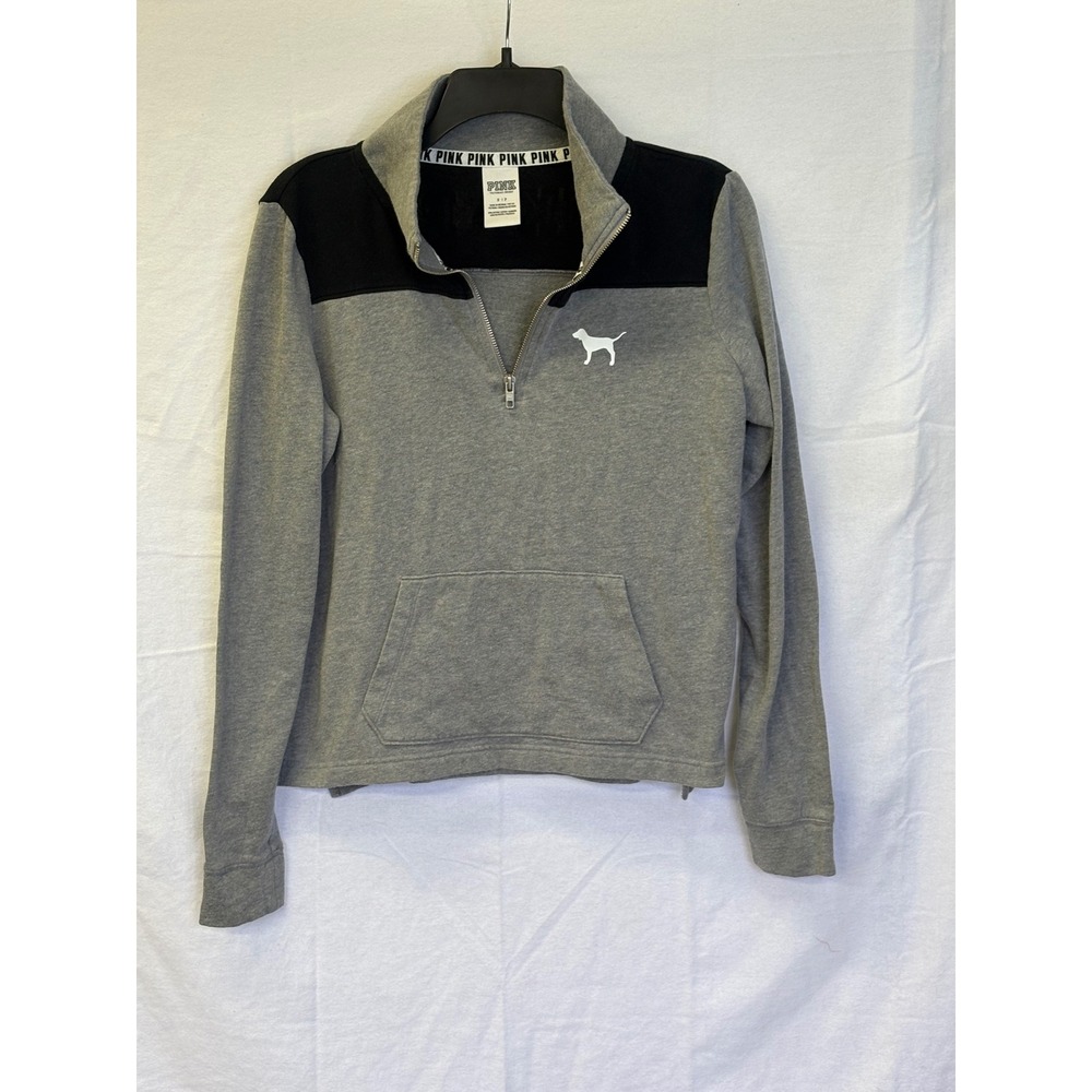 PINK Victoria's Secret Gray Black Colorblock Quarter Zip Pullover Small